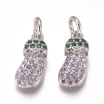 Brass Micro Pave Cubic Zirconia Charms, with Jump Rings, Eggplant, Platinum, 12.5x5.5x3mm, Hole: 3mm