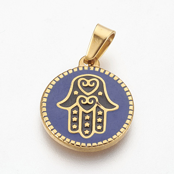 304 Stainless Steel Enamel Pendants, Flat Round with Hamsa Hand/Hand of Fatima /Hand of Miriam, Royal Blue, 20x17x2mm, Hole: 4x6mm