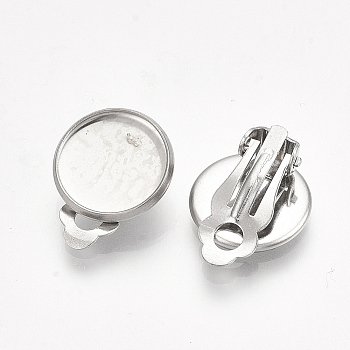 201 Stainless Steel Clip-on Earring Findings, Flat Round, Stainless Steel Color, 18x15.5x7mm, Hole: 3mm, Tray: 14~14.5mm
