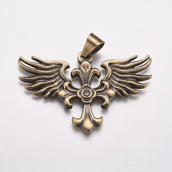 304 Stainless Steel Big Pendants, with Rhinestone, Wing with Cross, Crystal, Antique Bronze, 58x38x4mm, Hole: 7x9mm