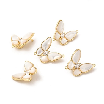Brass Pave Clear Cubic Zirconia Twister Clasps, with Shell, Butterfly, Real 14K Gold Plated, 24x26.5x9.5mm, Hole: 1.2mm