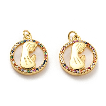 Brass Cubic Zirconia  with Shell Pendants, with Jump Ring, Long-Lasting Plated, Lead Free & Cadmium Free, Flat Round, Real 18K Gold Plated, 19x17x4mm, Hole: 3mm