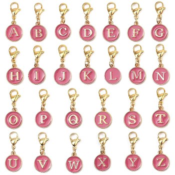 26Pcs 26 Styles Flat Round with Letter A`Z Alloy Enamel Pendant Decoration, Lobster Claw Clasps Charms for Backpack Key Chain Ornaments, Golden, 28mm, 1pc/style