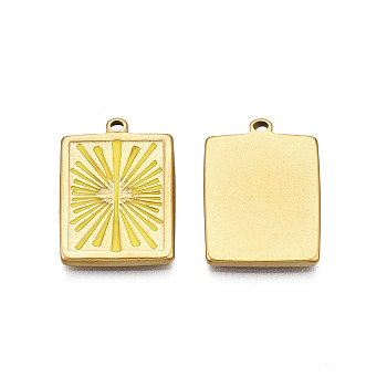 304 Stainless Steel Enamel Pendants, Real 18K Gold Plated, Rectangle with Sun, Yellow, 21x15.5x2mm, Hole: 1.4mm