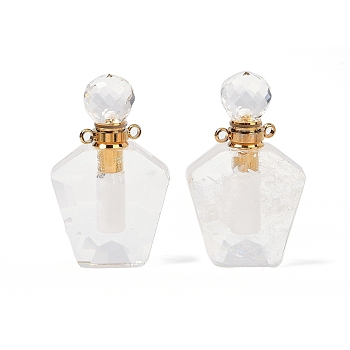 Natural Quartz Crystal Openable Perfume Bottle Rock Crystal Pendants, Faceted, with Golden Tone 304 Stainless Steel Findings, 37.5x22.5x11mm, Hole: 1.8mm