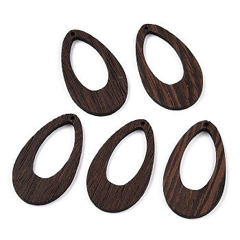 Natural Wenge Wood Pendants, Undyed, Hollow Teardrop Charms, Coconut Brown, 49x29x3.5mm, Hole: 1.8mm