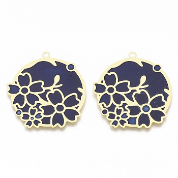Brass Enamel Pendants, Etched Metal Embellishments, Matte Gold Color, Flat Round with Flower, Midnight Blue, 32x30x0.3mm, Hole: 1.8mm