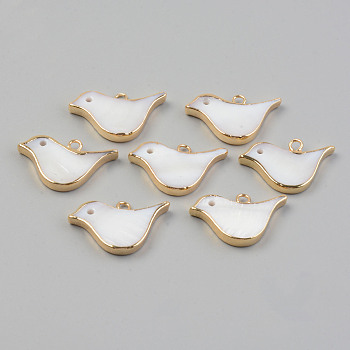 Electroplate Natural Freshwater Shell Pendants, with Golden Brass Findings, Bird, Seashell Color, 16.5x25x3.5mm, Hole: 2mm