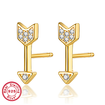 925 Sterling Silver Rhinestone Stud Earrings, Real 18K Gold Plated, with with S925 Stamp, Arrow, 10x3mm