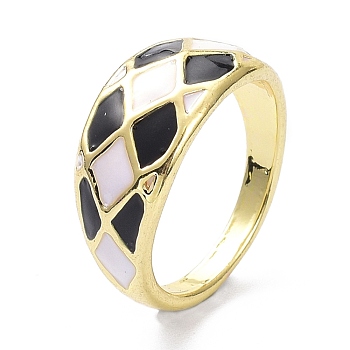 Alloy Enamel Finger Rings, Rhombus Pattern, Light Gold, Black, 2.5mm, US Size 7 1/4(17.5mm)