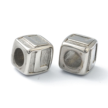 304 Stainless Steel European Beads, Large Hole Beads, Horizontal Hole, Cube with Letter, Stainless Steel Color, Letter.L, 8x8x8mm, Hole: 4mm