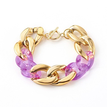 CCB Plastic & Acrylic Curb Chain Bracelets, with 304 Stainless Steel Toggle Clasps, Golden, Medium Orchid, 7-1/2 inch(19cm)