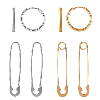 4Pair 4 Style Safety Pin & Ring 304 Stainless Steel Hoop Earrings for Women, Golden & Stainless Steel Color, 15.5x1.5mm, 38x8x1.5mm, Pin: 0.7~0.8mm, 1Pair/style