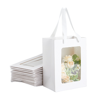 Rectangle Paper Storage Bags with Handle, Packaging Bags with Clear Visible Window, WhiteSmoke, 20.1x15x0.35cm