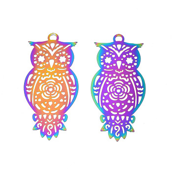 Ion Plating(IP) 201 Stainless Steel Filigree Pendants, Etched Metal Embellishments, Owl, Rainbow Color, 48.5x23x0.2mm, Hole: 2.5mm