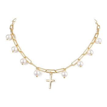 Shell Pearl Necklaces, Brass Cross Pendant Necklaces, Golden, 18.11 inch(46cm)