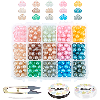 DIY Opaque Spray Painted Glass Beads Stretch Bracelet Making Kits, include Sharp Steel Scissors, Elastic Crystal Thread, Stainless Steel Beading Needles, Mixed Color, Beads: 8mm, Hole: 1.3~1.6mm, 525pcs/set