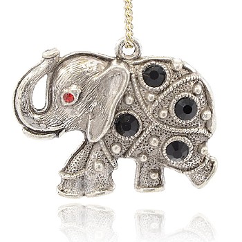 Antique Silver Alloy Rhinestone Elephant Pendants, Jet & Light Siam, 38x48x7mm, Hole: 3mm