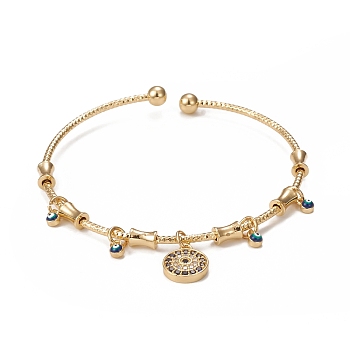 Rack Plating Brass Cuff Bangles, Micro Pave Cubic Zirconia & Enamel Evil Eye Charm Bangles for Women, Long-Lasting Plated, Cadmium Free & Lead Free, Real 18K Gold Plated, Inner Diameter: 2-1/4 inch(5.7cm)