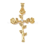 Brass Micro Pave Cubic Zirconia Pendants, Rose Flower Cross Charms, Real 16K Gold Plated, 35.5x24x3mm, Hole: 4x2.5mm(KK-L257-10G)