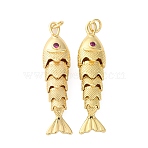Rack Plating Brass Micro Pave Cubic Zirconia Pendants, Sardine Fish Charms, Long-Lasting Plated, Lead Free & Cadmium Free, Real 18K Gold Plated, 41x10x7mm, Hole: 3.5x2mm(X-KK-M309-38D-G)
