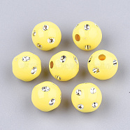 Plating Acrylic Beads, Metal Enlaced, Round, Yellow, 9~10x9mm, Hole: 2mm, about 1000pcs/500g(PACR-S186-10mm-A09)