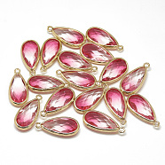 Glass Pendants, with Golden Tone Brass Findings, Faceted, teardrop, Hot Pink, 25x12x5.5mm, Hole: 1.5mm(GLAA-Q068-13A-01)