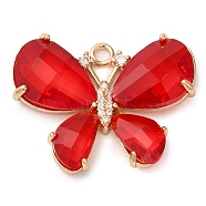 Rack Plating Brass Clear Cubic Zirconia Pendants, with Glass, Lead Free & Cadmium Free, Long-Lasting Plated, Butterfly, Real 14K Gold Plated, Red, 22x29x5mm, Hole: 2mm(KK-N255-11G-02-RS)