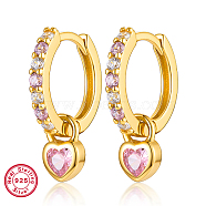 Real 18K Gold Plated 925 Sterling Silver Dangle Hoop Earrings, with 925 Stamp, Heart, Pink, 14x4mm(BK3514-4)