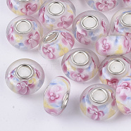 Handmade Lampwork European Beads, Inner Flower, Large Hole Beads, with Silver Color Plated Brass Single Cores, Rondelle, Colorful, 14x7.5mm, Hole: 4mm(LAMP-S193-004F)