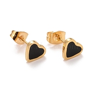 304 Stainless Steel Enamel Stud Earrings, with 316 Surgical Stainless Steel Pin, Golden, Heart, Black, 7x7.5x2mm, Pin: 0.8mm(EJEW-B009-06G-01)