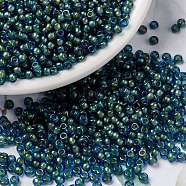 MIYUKI Round Rocailles Beads, Japanese Seed Beads, (RR3743) Fancy Lined Aqua Green, 8/0, 3mm, Hole: 1mm, about 422~455pcs/bottle, 10g/bottle(SEED-JP0009-RR3743)