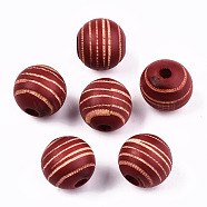 Painted Natural Wood Beads, Laser Engraved Pattern, Round with Zebra-Stripe, FireBrick, 15.5~16.5x15mm, Hole: 4mm(WOOD-T021-54B-08)