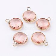 Golden Tone Brass Glass Flat Round Charms, Faceted, PeachPuff, 14x10.5x5mm, Hole: 1.5mm(GLAA-M003-B-16G)