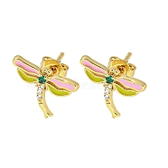 Dragonfly Real 18K Gold Plated Brass Stud Earrings, with Enamel and Cubic Zirconia, Pink, 9.5x13.5mm(EJEW-L269-100G-01)