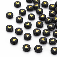 Opaque Acrylic Beads, Flat Round with Heart, Goldenrod, 7x4mm, Hole: 1.8mm, about 390pcs/50g(X-MACR-N008-18)