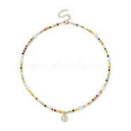 Brass Saint Benedict Pendant Necklace, Glass Seed & Acrylic Pearl Beaded Necklace for Women, Colorful, 17.36 inch(44.1cm)(NJEW-JN04300)