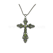 Cross Zinc Alloy Pendant Necklace, with Rhinestone, Olivine, 27.56 inch(70cm)(NF8765-04)
