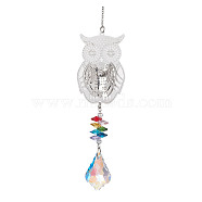 Brass Hollow Hanging Ornaments, Stainless Steel Chain and Glass Leaf Tassel for Home Garden Outdoor Decorations, Owl, 283x35.5mm(HJEW-JM01930-01)