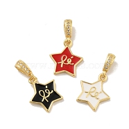 Brass Micro Pave Cubic Zirconia Pendants, with Enamel, Cadmium Free & Lead Free, Long-Lasting Plated, Star with Word Re, Real 18K Gold Plated, Mixed Color, 14x12x2mm, Hole: 3.5x2mm(KK-B059-38G)