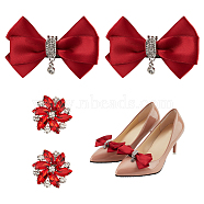 Wedding Shoe Decoration Sets, including 2Pcs Polyester Bowknots and 2Pcs Flower Shape Alloy Shoe Buckle Clips, Red, Bowknot: 56x90x16mm, Flower: 32x34x10mm(AJEW-NB0005-13B)