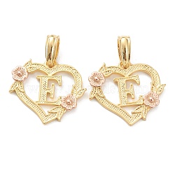 Real 18K Gold Plated Brass  Pendants, Heart with Alphabet, Letter.E, 18x20x3mm, Hole: 6.5x3mm(KK-J042-43G-E)