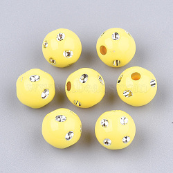 Plating Acrylic Beads, Metal Enlaced, Round, Yellow, 9~10x9mm, Hole: 2mm, about 1000pcs/500g(PACR-S186-10mm-A09)