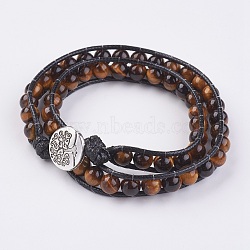 Natural Tiger Eye Wrap Bracelet, with Tibetan Style Clasps, Tree of Life, Two Loops, 15-1/8 inch(38.5cm)(BJEW-JB03613-04)