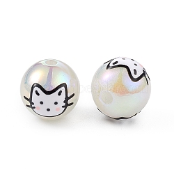 UV Plating Rainbow Iridescent Acrylic Enamel Beads, Hand Drawn Beads, Round, Cat Shape, 16~18mm, Hole: 2.5mm(X-OACR-I003-17B)