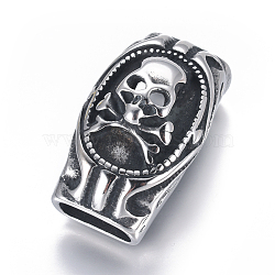 304 Stainless Slide Charms, Rectangle with Skull, Antique Silver, 35.5x20.5x18.5mm, Hole: 6.5x14mm(STAS-I120-15-AS)