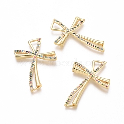 Brass Micro Pave Cubic Zirconia Pendants, Cross, Colorful, Golden, 33.5x23.5x2.5mm, Hole: 3.5x7mm(ZIRC-G152-19G)