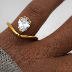 304 Stainless Steel Pave Cubic Zirconia Cuff Open Rings, Teardrop, Golden, 17mm(RJEW-P180-06G)