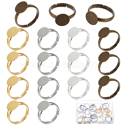 52Pcs 4 Style Adjustable Brass Ring Components, Pad Ring Settings, Flat Round, Mixed Color, Tray: 10mm, Inner Diameter: 17~18mm, 13Pcs/style(KK-SC0002-93)