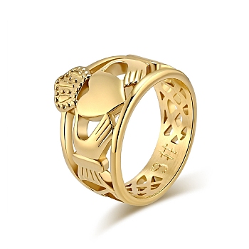Titanium Steel Hollow Finger Rings for Men Women, Heart Crown Claddagh Ring, Golden, US Size 12(21.4mm)
